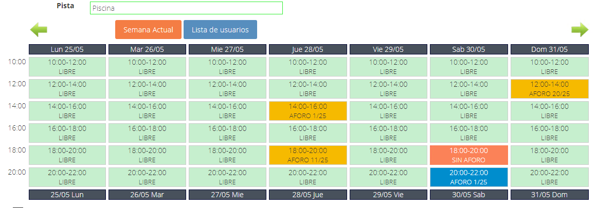 Calendario de piscina con control de aforo