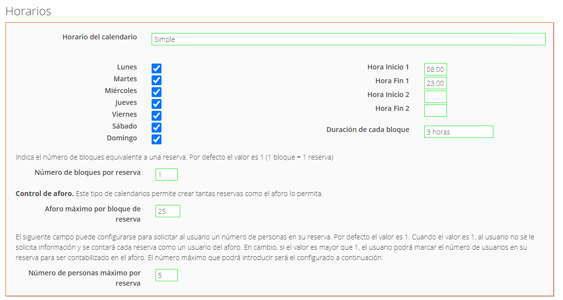 Configuración del horario y aforo del calendario