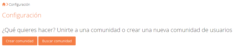 Pantalla de configuración: Crear o buscar comunidad