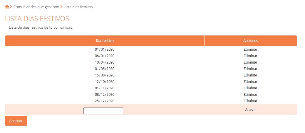Lista de días festivos de la comunidad