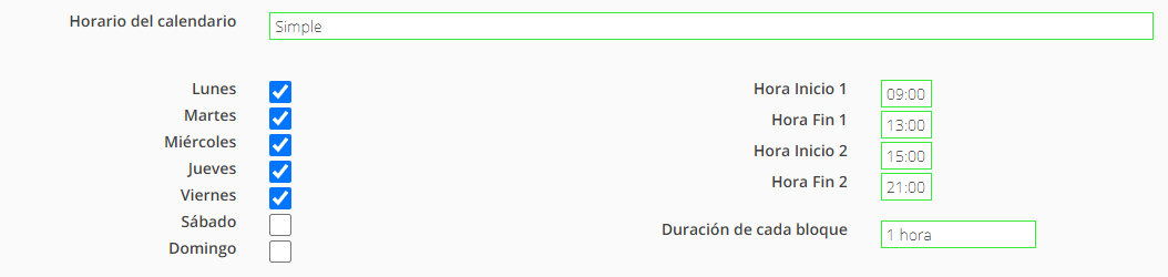 Ejemplo de configuración de horario del calendario