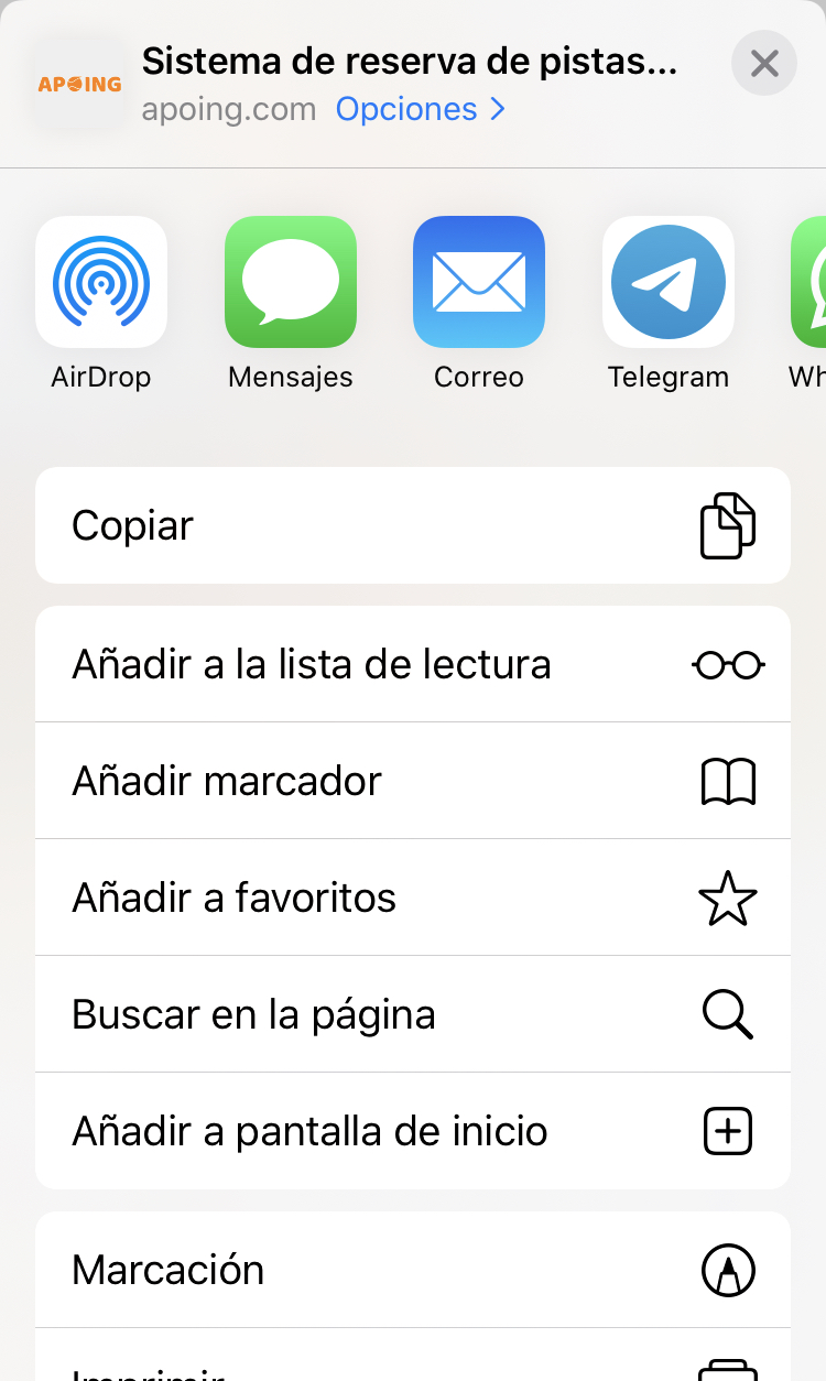 Menú Compartir de Safari en iOS — Paso 3