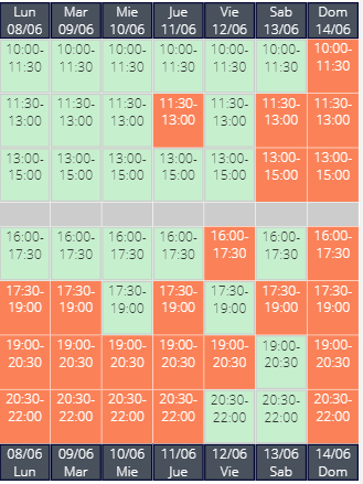 Vista horizontal del calendario con códigos de reserva visibles